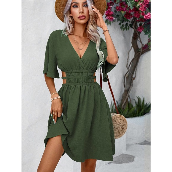 boho Cut Out Waist Butterfly Sleeve mini Dress dark green army green - Picture 1 of 11